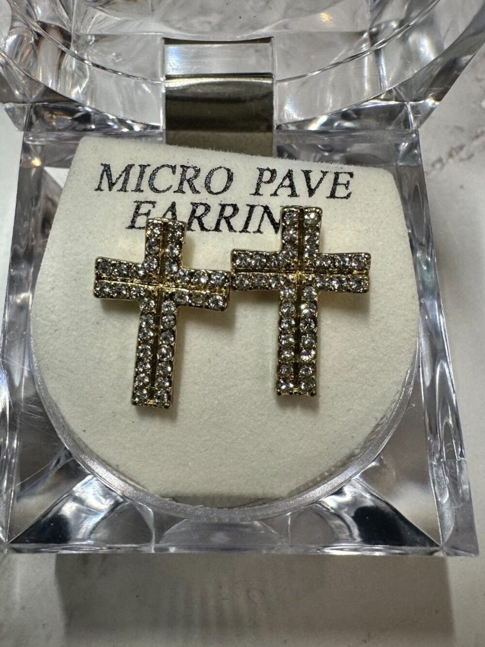 3/$30 Cross Stud Earrings Gold Tone CZ Micro Pave Men Women Pierced 1 Inch